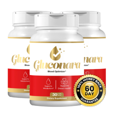 Three Gluconara dietary supplement bottles with red and gold labels