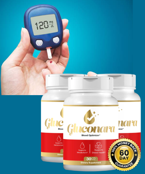 Gluconara bottles alongside a hand holding a blood glucose meter